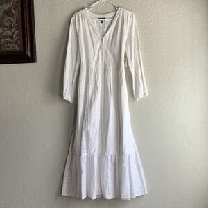 Style & Co. White Eyelet V-Neck Tiered Midi Dress with Long Sleeves